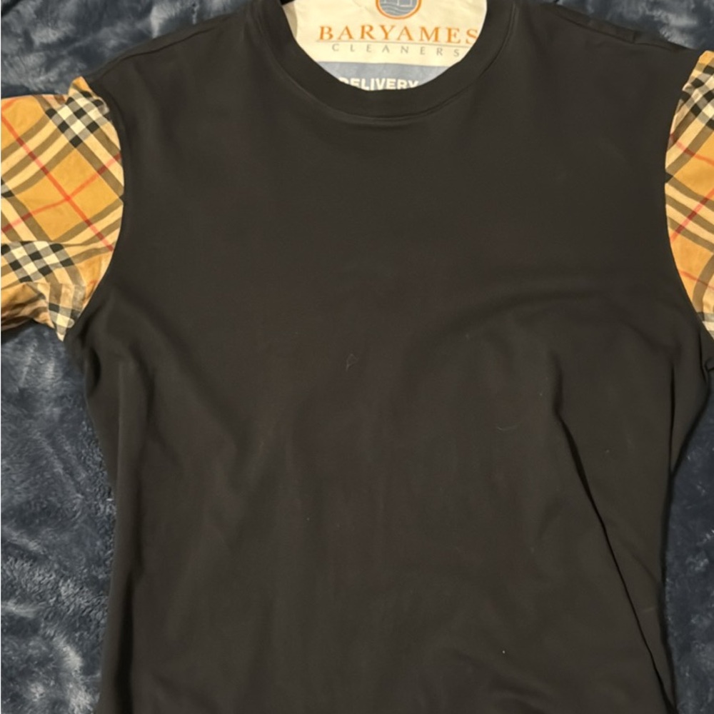 Burberry Black Shirt with Plaid Sleeves